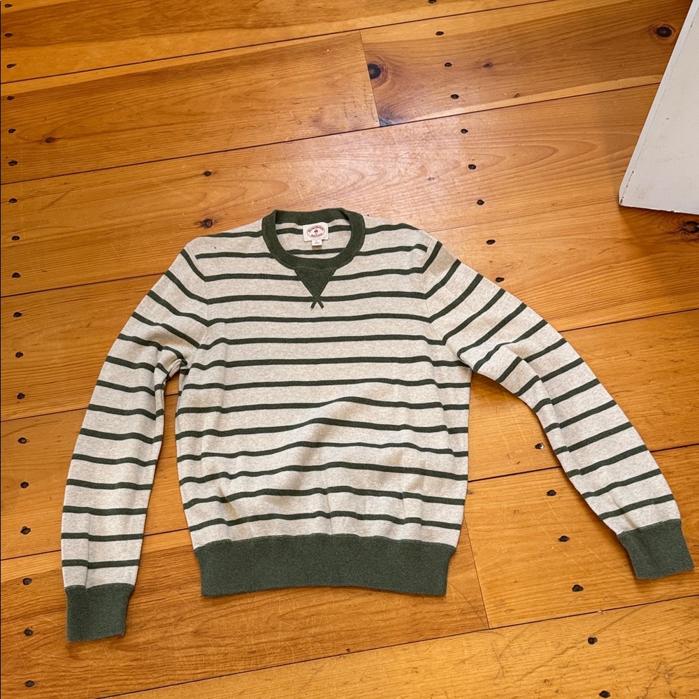 Brooks Brothers Cream and Green Striped V-Neck Sweater